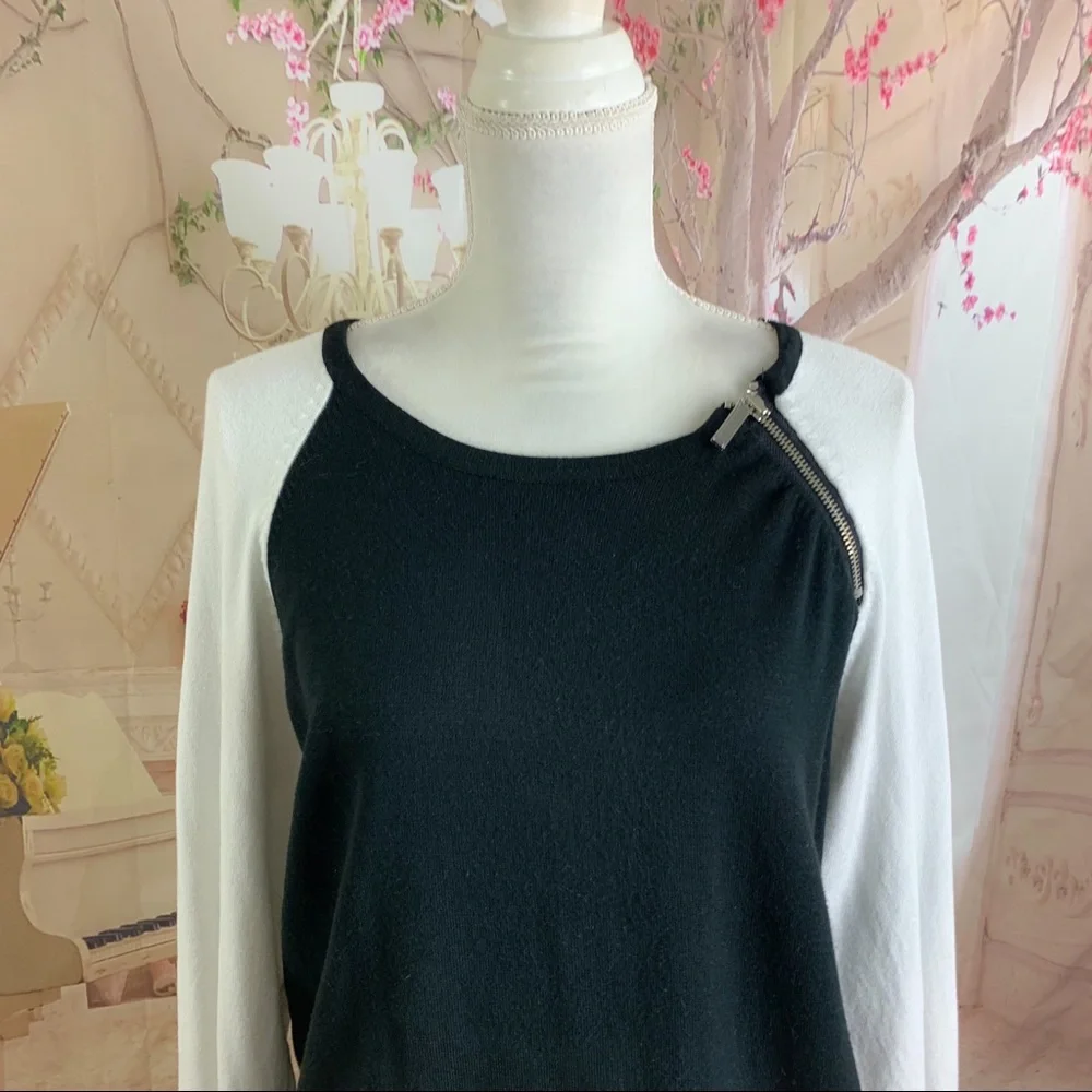 Michael Kors Black White Color block Zipper Sweater